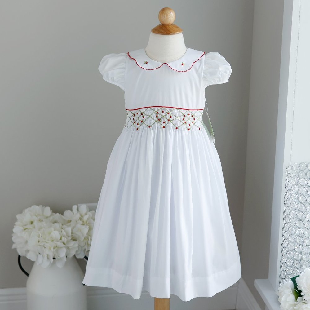 White Smocked Dress with Red and Green Embroidery Size 4 Boutique NWT
